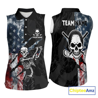 Women's smoke US flag skull golf sleeveless polo shirt, patriotic golf apparel, American flag golf shirt, skull golf clothing, golf team uniform