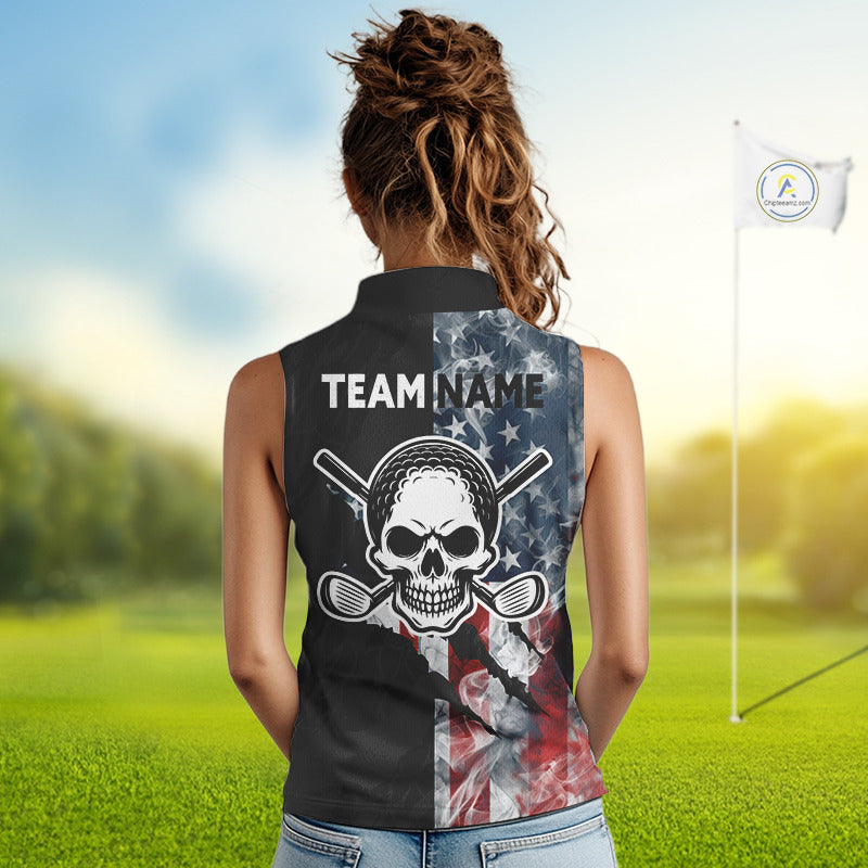 Female golfer wearing smoke US flag skull golf polo shirt, patriotic golf outfit, custom golf apparel