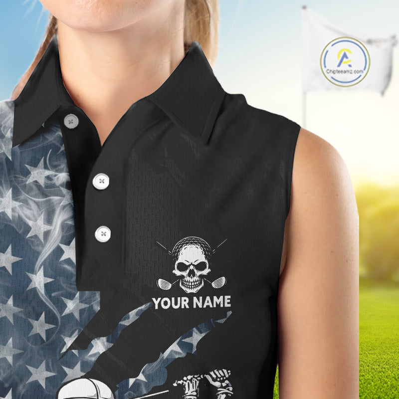 Female golfer wearing smoke US flag skull golf polo shirt, patriotic golf outfit, custom golf apparel