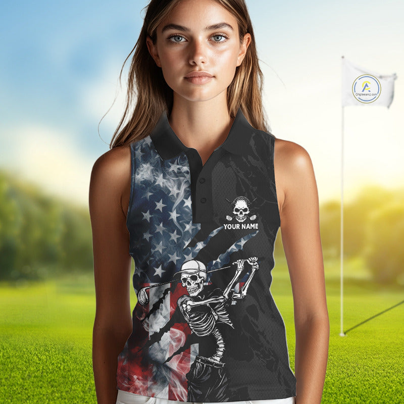 Female golfer wearing smoke US flag skull golf polo shirt, patriotic golf outfit, custom golf apparel