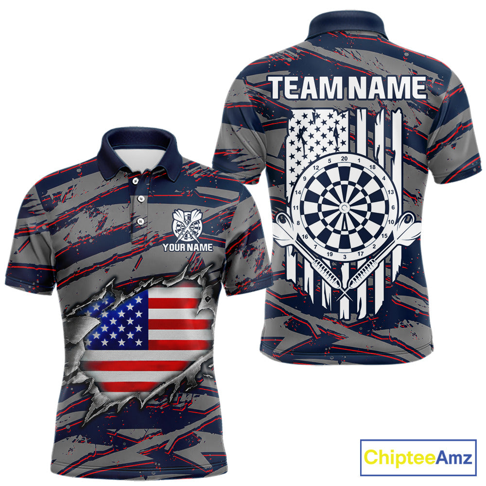 Blue and Red American Flag men's darts polo shirt, patriotic dart jersey, custom dart team uniform, USA flag dartboard apparel, personalized darts polo, professional darts team clothing