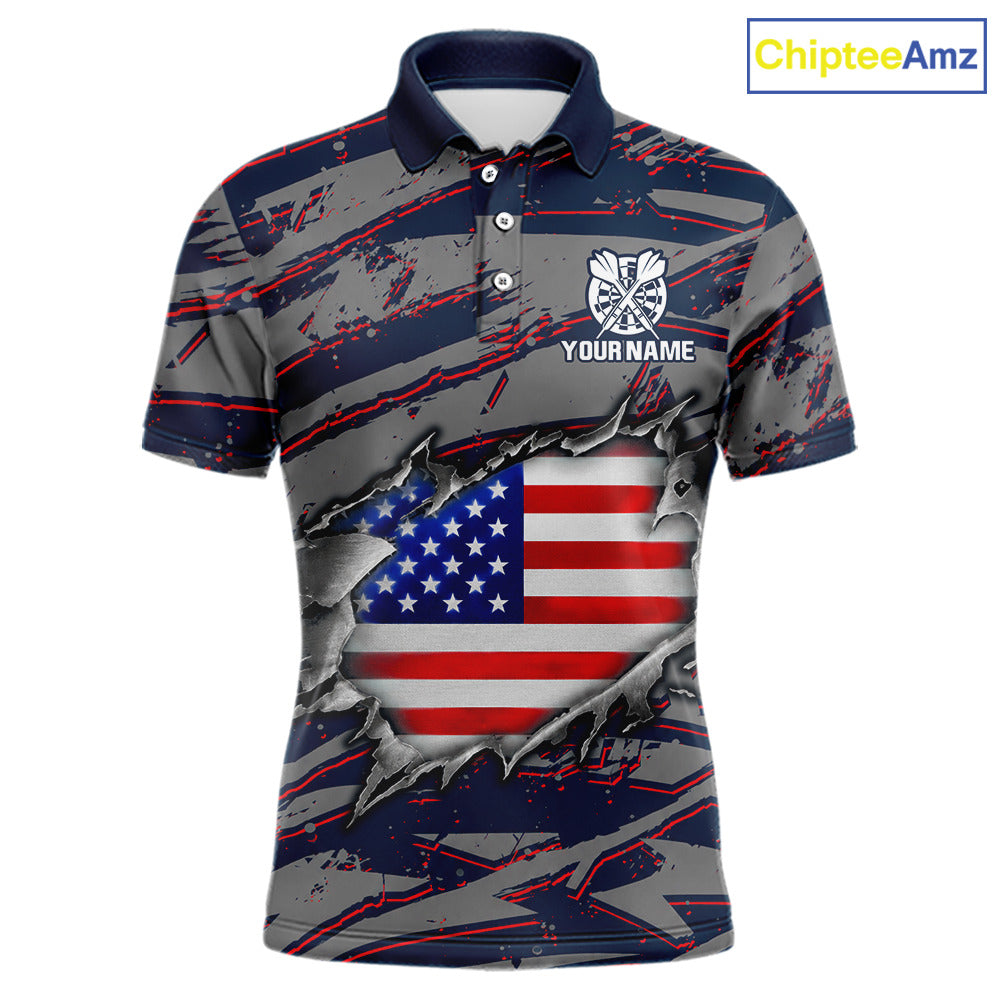 Blue and Red American Flag men's darts polo shirt, patriotic dart jersey, custom dart team uniform, USA flag dartboard apparel, personalized darts polo, professional darts team clothing