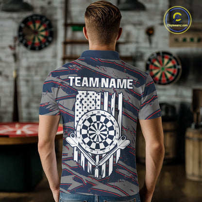 Male darts player wearing Blue and Red American Flag dart jersey, patriotic darts apparel, personalized dart team shirt, tournament darts outfit