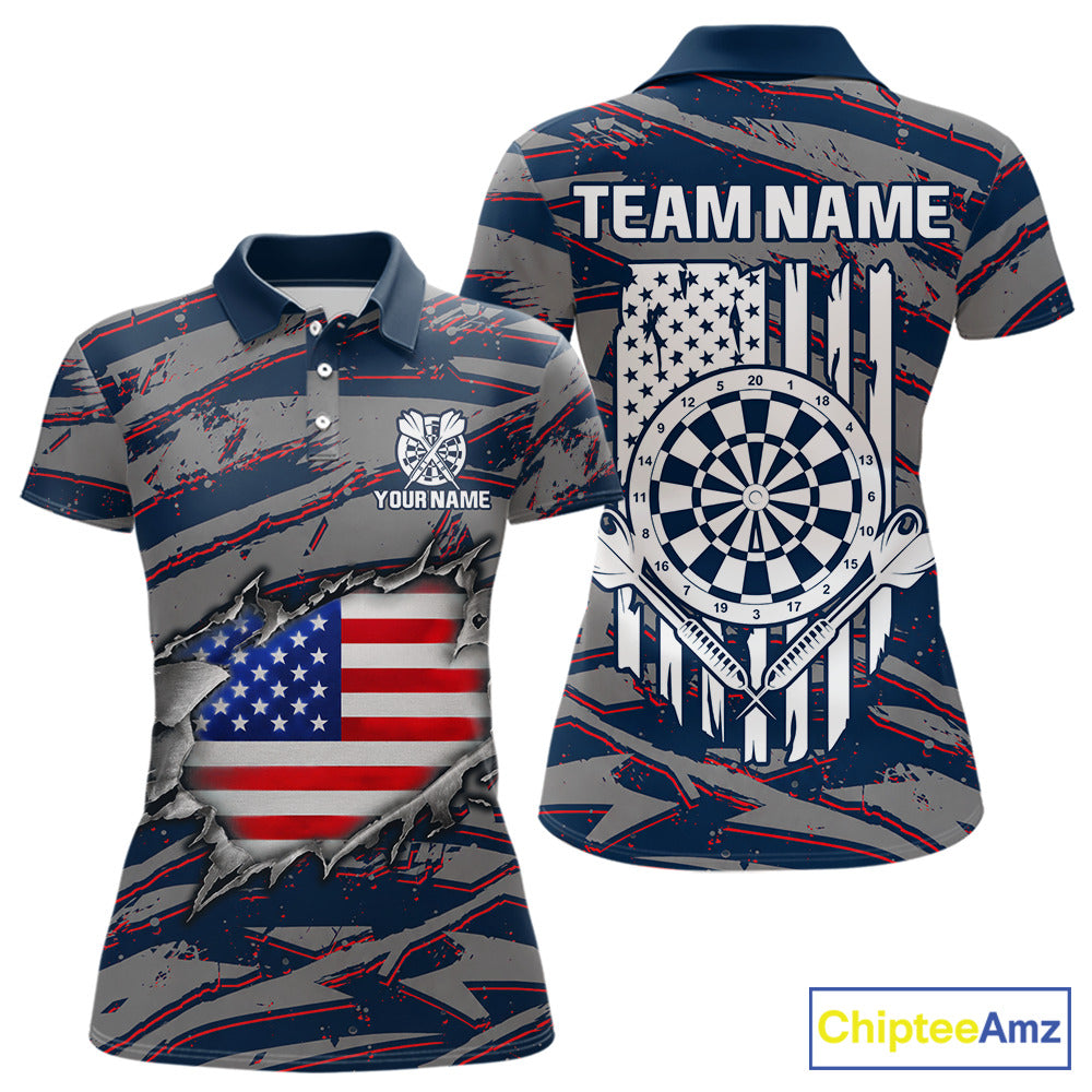 Blue and Red American Flag women's darts polo shirt, patriotic dart jersey, custom dart team uniform, USA flag dartboard apparel, personalized darts polo, professional darts team clothing