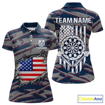 Blue and Red American Flag women's darts polo shirt, patriotic dart jersey, custom dart team uniform, USA flag dartboard apparel, personalized darts polo, professional darts team clothing