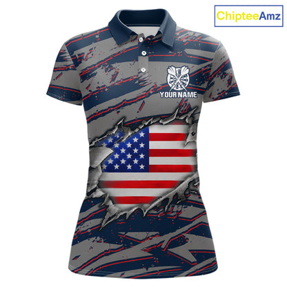 Blue and Red American Flag women's darts polo shirt, patriotic dart jersey, custom dart team uniform, USA flag dartboard apparel, personalized darts polo, professional darts team clothing