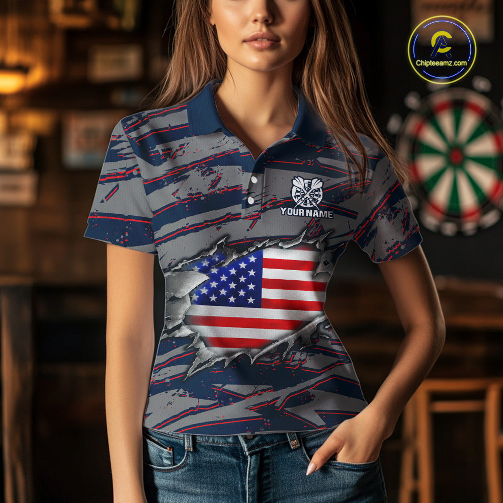Female darts player wearing Blue and Red American Flag dart jersey, patriotic darts apparel, personalized dart team shirt, tournament darts outfit
