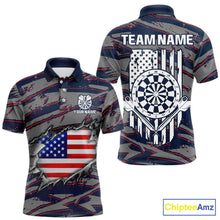 Load image into Gallery viewer, Blue and Red American Flag men's darts polo shirt, patriotic dart jersey, custom dart team uniform, USA flag dartboard apparel, personalized darts polo, professional darts team clothing