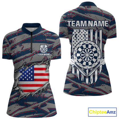 Blue and Red American Flag women's quarter-zip darts shirt, patriotic dart team jersey, custom USA flag dart apparel, performance darts uniform