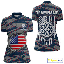 Load image into Gallery viewer, Blue and Red American Flag women's quarter-zip darts shirt, patriotic dart team jersey, custom USA flag dart apparel, performance darts uniform