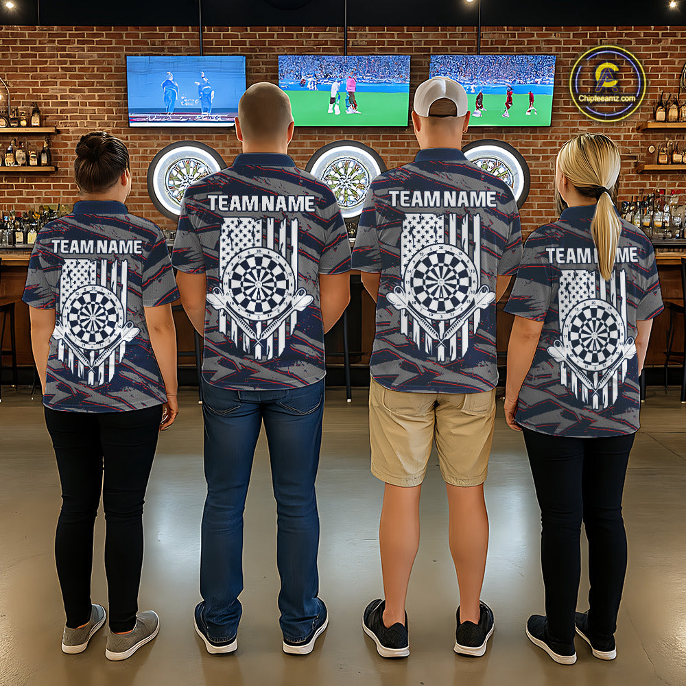 Men women darts team wearing matching Blue and Red American Flag dart jerseys, patriotic dart team uniforms, custom league darts apparel