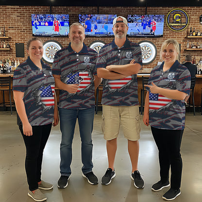 Men women darts team wearing matching Blue and Red American Flag dart jerseys, patriotic dart team uniforms, custom league darts apparel