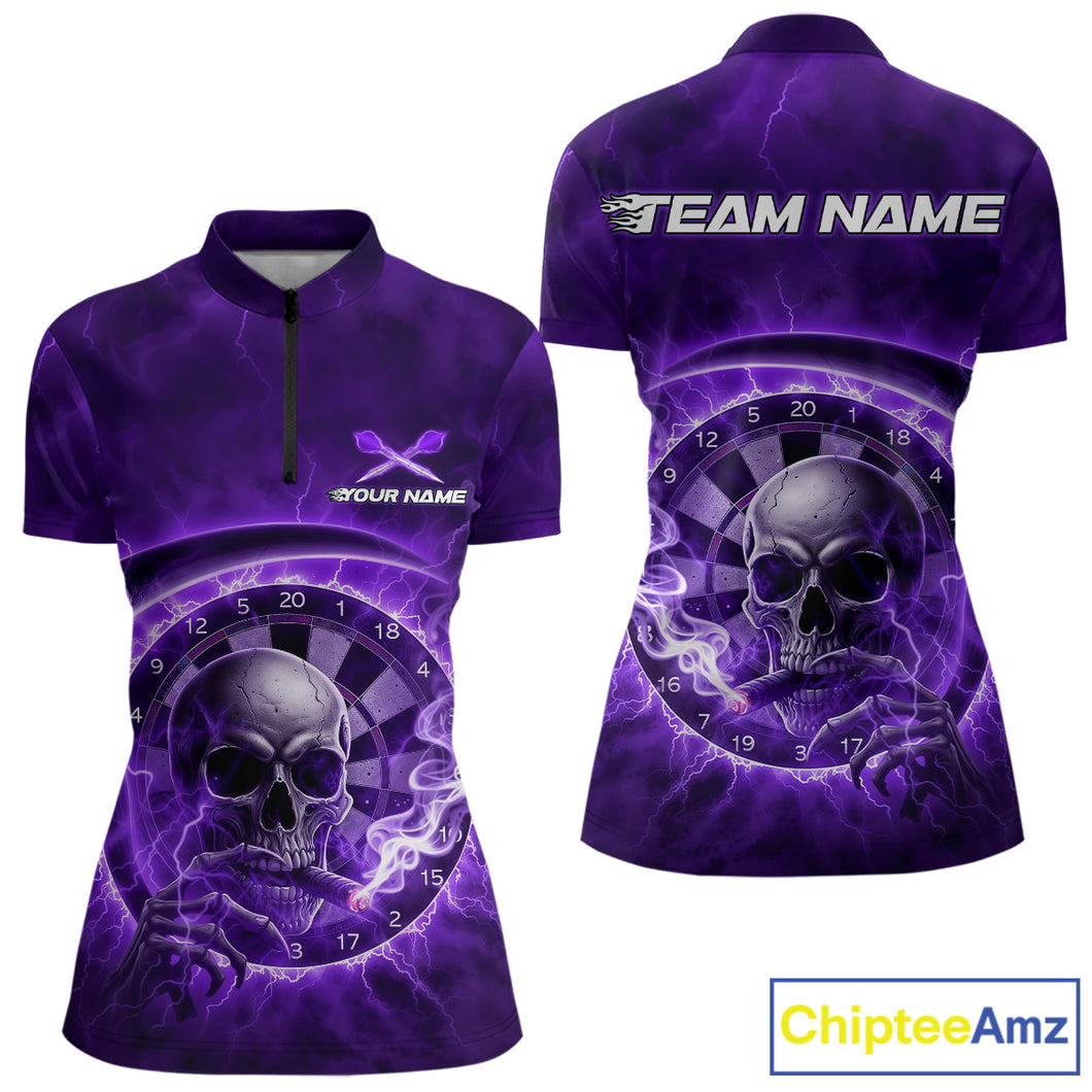 Smoking Purple Flames Skull Darts Custom Women 1/4-Zip Dart Jerseys Thunder Dart League Shirt NYN2050