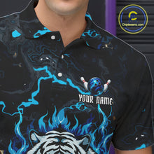 Load image into Gallery viewer, Male bowler wearing Black and Blue Flame Tiger bowling ball jersey, custom bowling league team shirt
