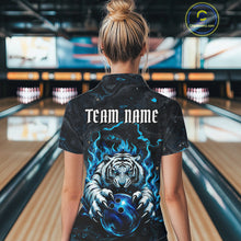 Load image into Gallery viewer, Female bowler wearing Black and Blue Flame Tiger bowling ball jersey, custom bowling league team shirt