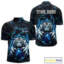 Load image into Gallery viewer, Black and Blue Flame Tiger bowling ball men's quarter zip bowling shirt, custom tiger bowling team uniform, personalized bowling jersey