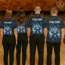 Load image into Gallery viewer, Men women bowling team wearing Black and Blue Flame Tiger custom bowling jerseys, matching bowling league uniforms