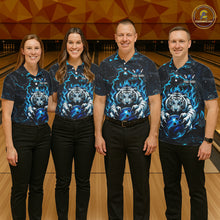 Load image into Gallery viewer, Men women bowling team wearing Black and Blue Flame Tiger custom bowling jerseys, matching bowling league uniforms