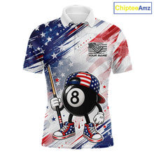 Load image into Gallery viewer, Custom Funny 8 Ball Billiard Polo Shirt For Men, Grunge Red White Blue US Flag Pool Team Jersey, Personalized Billiard League Polo, 8 Ball Pool Player Apparel