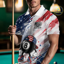 Load image into Gallery viewer, Male Pool Player Wearing Custom US Flag 8 Ball Billiard Shirt, Personalized Tournament Team Apparel, Professional Billiards Uniform