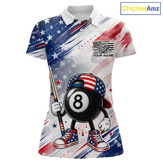Personalized Grunge US Flag Funny 8 Ball women's billiard polo shirt custom patriotic pool team jersey