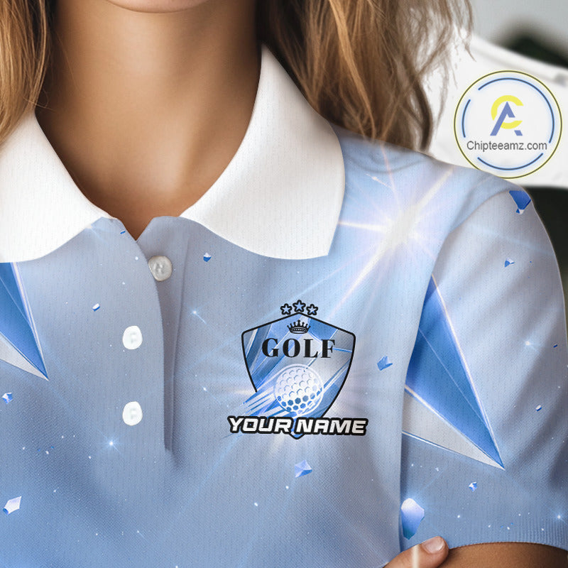 Women Golf Polo Shirt Custom Blue-Diamond Crystal Golf Ball Custom Name Golf Shirts For Team NYN3156