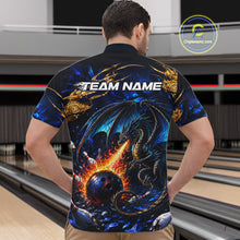 Load image into Gallery viewer, Blue And Gold Dragon Bowling Shirt For Men Custom Fire Flame Polo 1/4-Zip Bowling Team Jersey NYN3644
