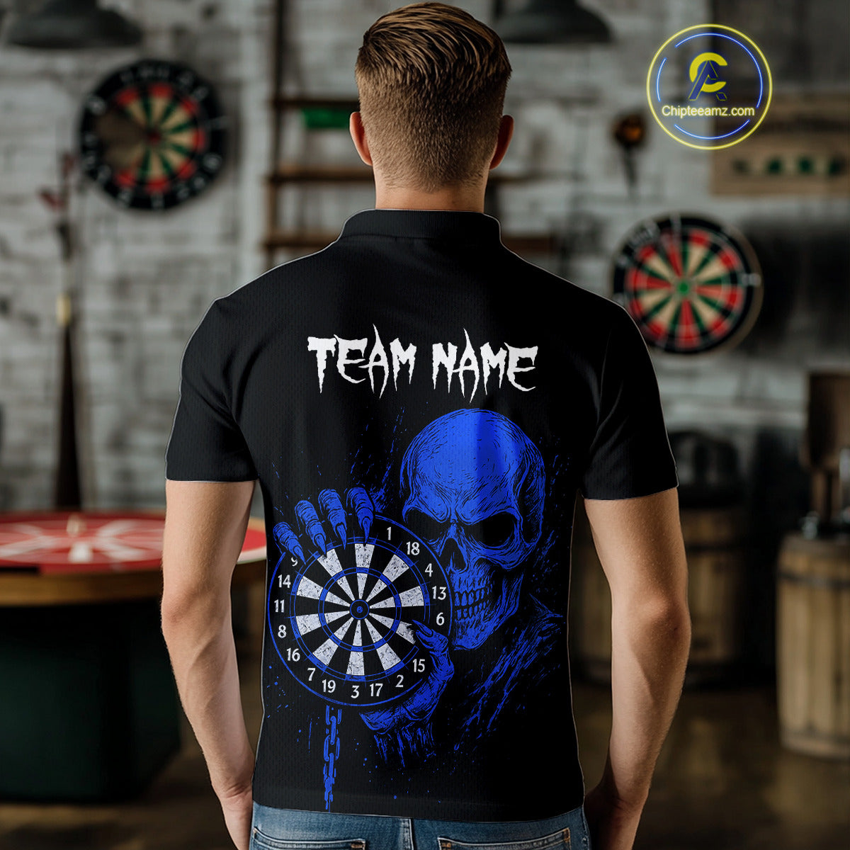 Custom Men's Dart Polo Shirt With Blue Blood Skull Holding Dartboard, Darts Jersey  NYN1795