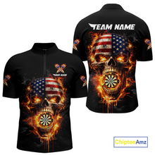 Load image into Gallery viewer, Personalized US Flag Skull Fire Flame Dartboard Men Darts 1/4-Zip Shirt Custom Darts Team Jersey NYN2585