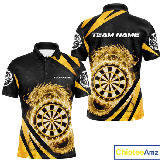 Gold Flames Dragon Dartboard Men Darts Polo Shirt Custom Dragon Team Dart League Shirt NYN2068