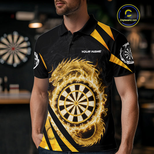 Gold Flames Dragon Dartboard Men Darts Polo Shirt Custom Dragon Team Dart League Shirt NYN2068