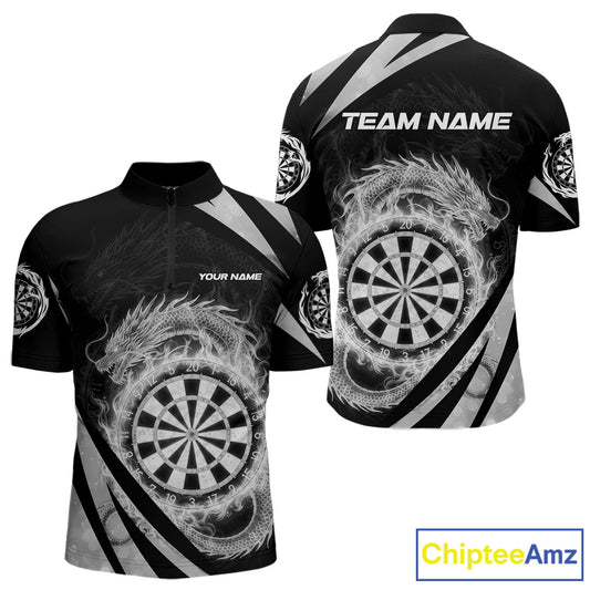 Silver Flames Dragon Dartboard Men Darts Quarter-Zip Shirt Custom Dragon Team Dart League Shirt NYN2069