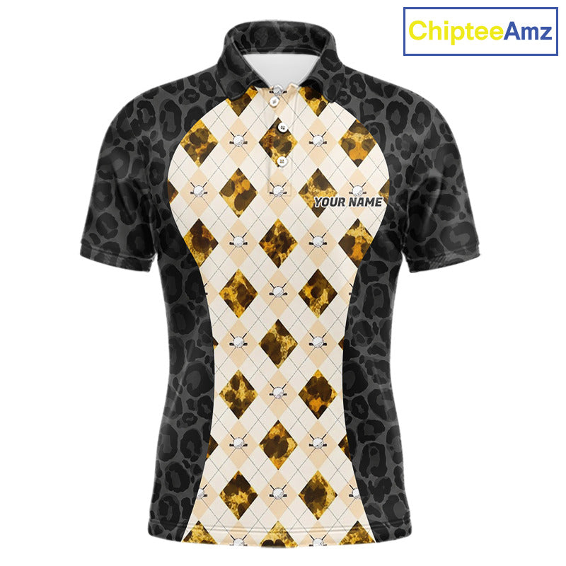 Black leopard mens golf polo yellow argyle golf outfit