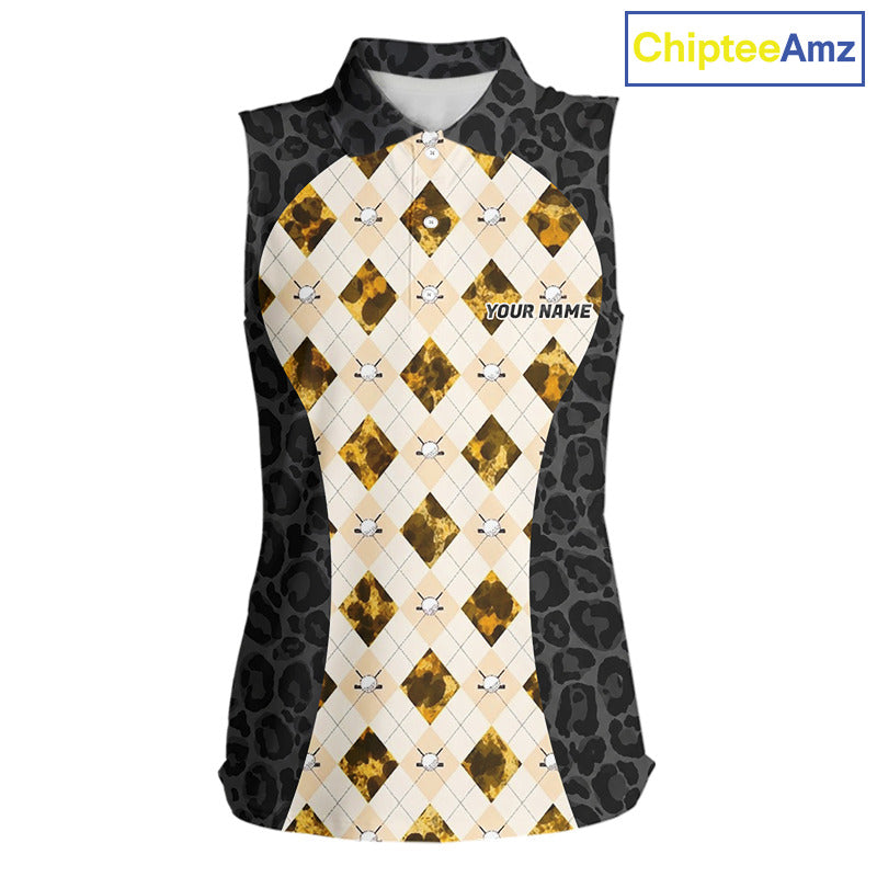 Black leopard womens golf sleeveless polo yellow argyle golf team outfit