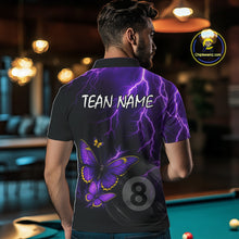 Load image into Gallery viewer, Male billiard player wearing custom neon butterfly 8 ball quarter-zip jersey during tournament play, premium performance apparel for competitive athletes, fantasy art enthusiasts and league champions, symbolizing confidence, transformation and elite performance.