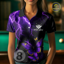 Load image into Gallery viewer, Female billiard player wearing custom neon butterfly 8 ball quarter-zip jersey during tournament, representing confidence, transformation, precision and elite competitive performance