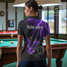Load image into Gallery viewer, Female billiard player wearing custom neon butterfly 8 ball quarter-zip jersey during tournament, representing confidence, transformation, precision and elite competitive performance