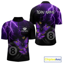 Load image into Gallery viewer, Men's quarter-zip billiard jersey featuring neon butterflies, purple lightning and realistic 8 ball graphics, custom tournament apparel for APA teams, professional pool players and championship competition, representing energy, precision and victory.
