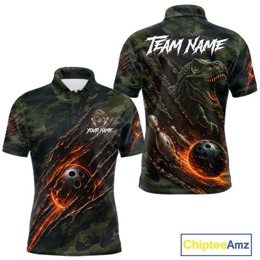 Green camo dinosaur men's bowling polo, custom bowling team jersey, retro dinosaur bowling apparel, bowling league shirt, personalized bowling uniform