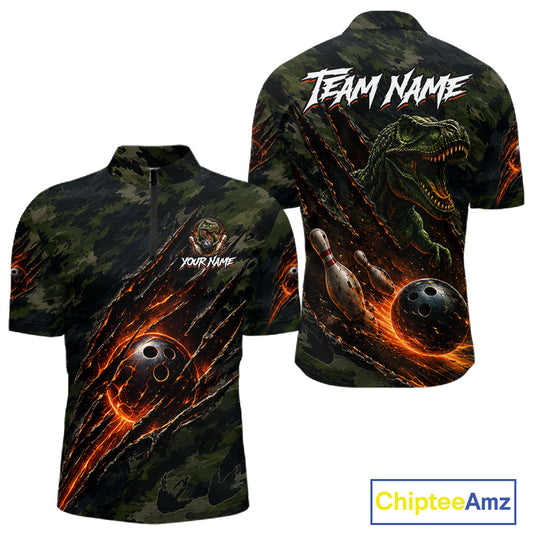 Men's green camo dinosaur bowling quarter-zip, personalized bowling team uniform, custom bowling apparel for league and tournament