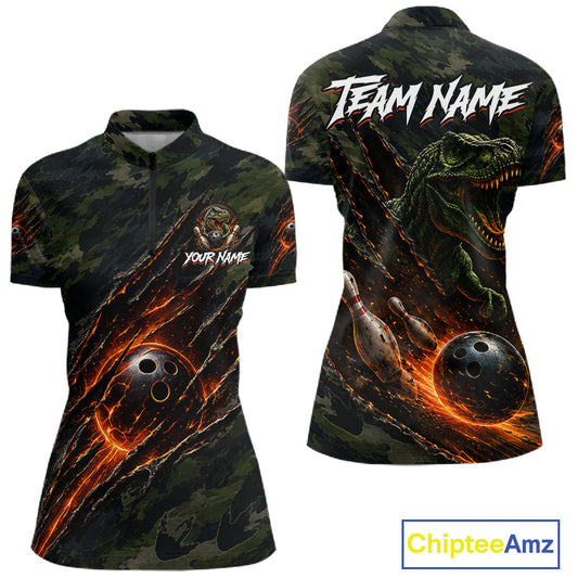 Women's green camo dinosaur bowling quarter-zip, moisture-wicking bowling jersey, custom bowling league apparel, retro bowling tournament shirt