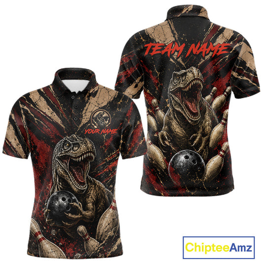 Funny dinosaur retro men's bowling polo, custom bowling shirt, vintage bowling team uniform
