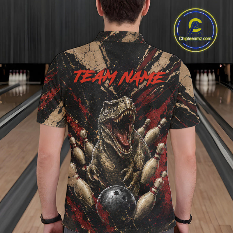 Male bowler wearing funny dinosaur bowling polo, vintage bowling league apparel, custom bowling jersey