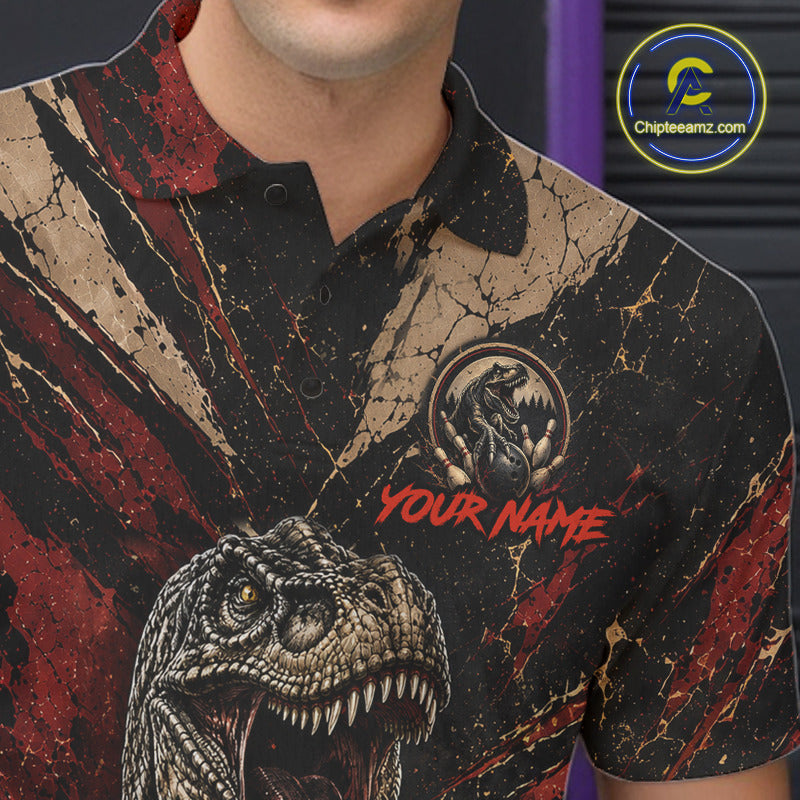 Male bowler wearing funny dinosaur bowling polo, vintage bowling league apparel, custom bowling jersey