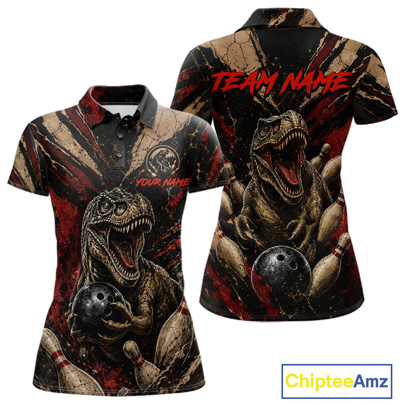 Funny dinosaur retro women's bowling polo, red grunge bowling shirt, personalized bowling team jersey, custom league apparel