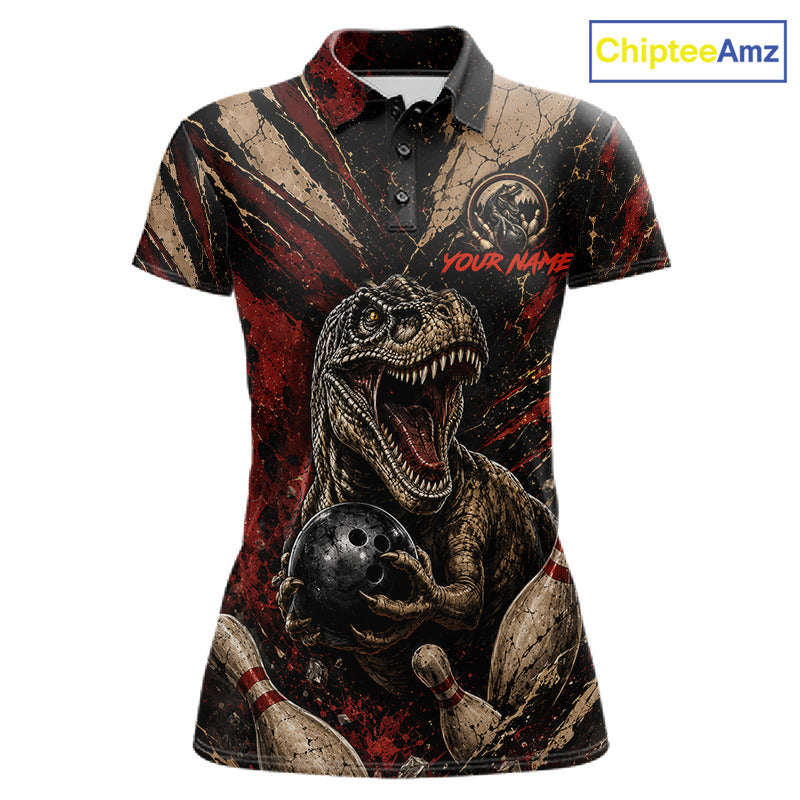 Funny dinosaur retro women's bowling polo, red grunge bowling shirt, personalized bowling team jersey, custom league apparel
