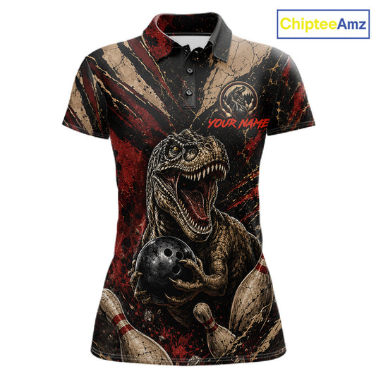 Funny dinosaur retro women's bowling polo, red grunge bowling shirt, personalized bowling team jersey, custom league apparel