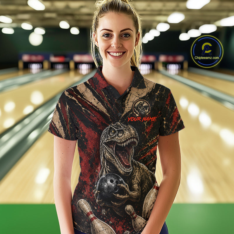Female bowler wearing funny dinosaur bowling polo, retro sports fashion, personalized bowling apparel