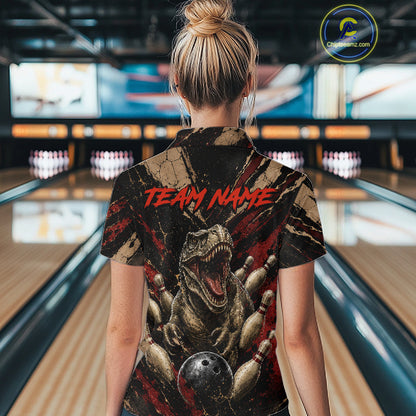 Female bowler wearing funny dinosaur bowling polo, retro sports fashion, personalized bowling apparel