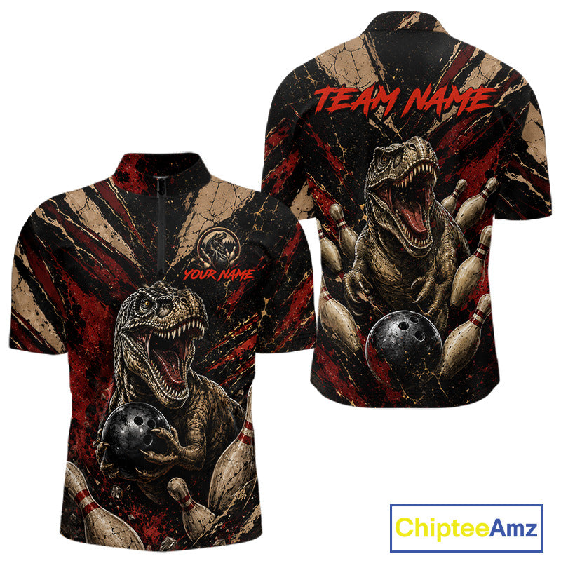 Men's dinosaur retro bowling quarter-zip, custom bowling league shirt, vintage bowling uniform